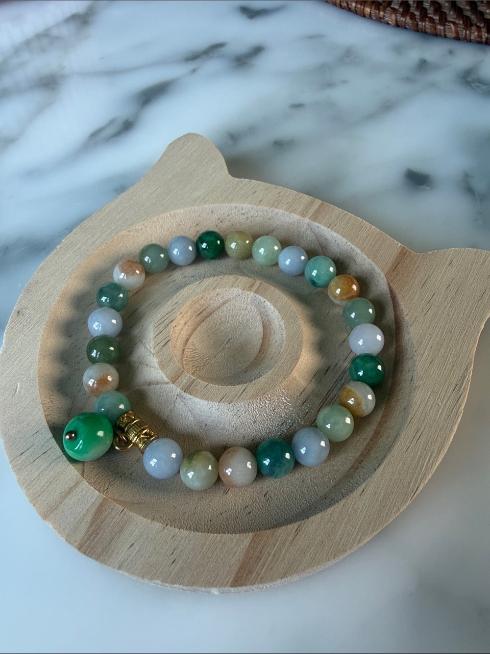 Multi-Color Natural Myanmar jadeite type A beads stretch bracelet ,green charm.